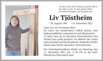 Todesanzeige von Liv Tjöstheim von merkurtz