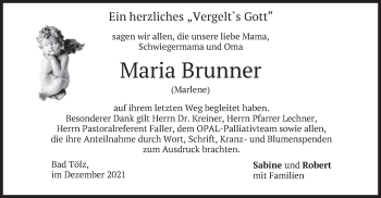 Todesanzeige von Maria Brunner von merkurtz