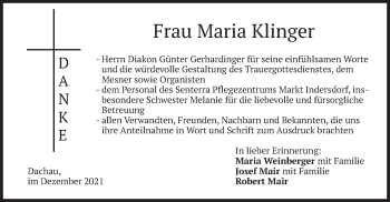 Todesanzeige von Maria Klinger von merkurtz