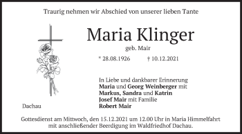 Todesanzeige von Maria Klinger von merkurtz