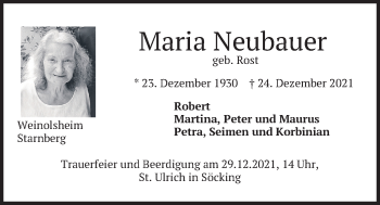 Todesanzeige von Maria Neubauer von merkurtz