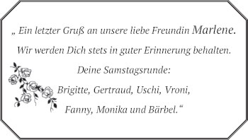 Todesanzeige von Marlene  von merkurtz