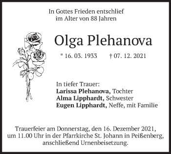 Todesanzeige von Olga Plehanova von merkurtz