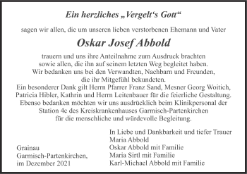 Todesanzeige von Oskar Josef Abbold von merkurtz