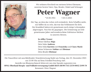 Todesanzeige von Peter Wagner von Das Gelbe Blatt Penzberg