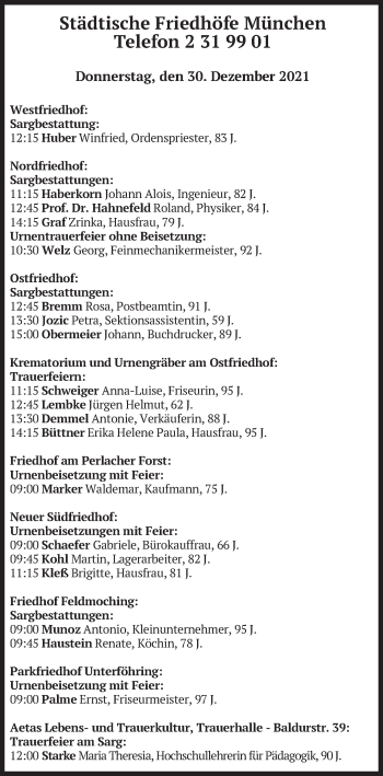 Todesanzeige von Städtische Friedhöfe München  von merkurtz