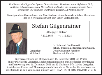 Todesanzeige von Stefan Gilgenrainer von merkurtz