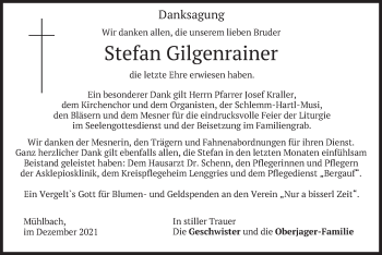 Todesanzeige von Stefan Gilgenrainer von merkurtz