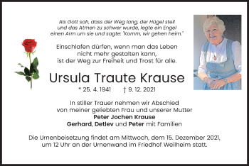 Todesanzeige von Ursula Traute Krause von merkurtz
