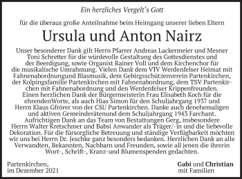 Todesanzeige von Ursula und Anton Nairz von merkurtz