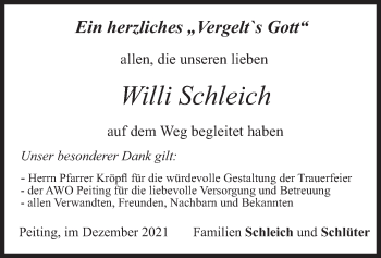 Todesanzeige von Willi Schleich von merkurtz