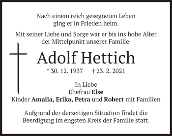 Todesanzeige von Adolf Hettich von merkurtz