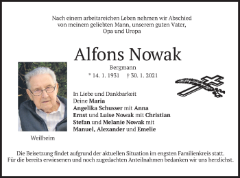 Todesanzeige von Alfons Nowak von merkurtz