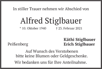 Todesanzeige von Alfred Stiglbauer von merkurtz