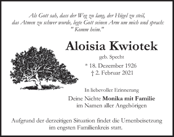 Todesanzeige von Aloisia Kwiotek von merkurtz