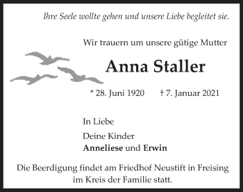 Todesanzeige von Anna Staller von merkurtz