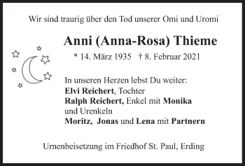 Todesanzeige von Anni Thieme von merkurtz