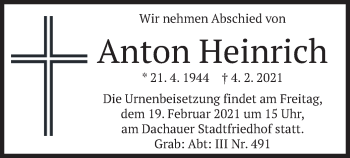 Todesanzeige von Anton Heinrich von merkurtz