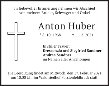 Todesanzeige von Anton Huber von merkurtz