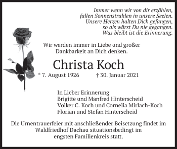 Todesanzeige von Christa Koch von merkurtz