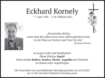 Todesanzeige von Eckhard Kornely von merkurtz