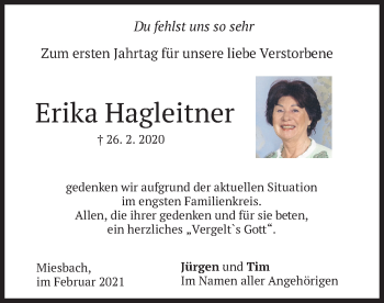 Todesanzeige von Erika Hagleitner von merkurtz
