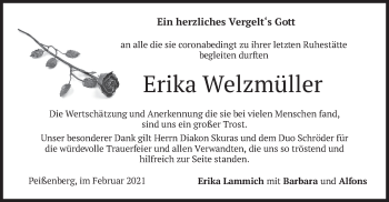 Todesanzeige von Erika Welzmüller von merkurtz
