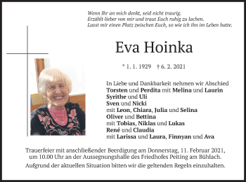 Todesanzeige von Eva Hofinka von merkurtz