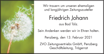Todesanzeige von Friedrich Johann von merkurtz