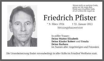 Todesanzeige von Friedrich Pfister von merkurtz