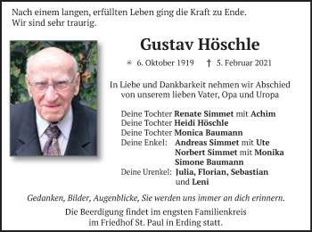 Todesanzeige von Gustav Höschle von merkurtz