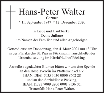 Todesanzeige von Hans-Peter Walter von merkurtz