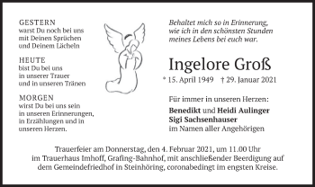 Todesanzeige von Ingelore Groß von merkurtz