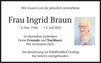 Todesanzeige von Ingrid Braun von merkurtz