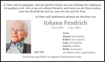 Todesanzeige von Johann Fendrich von merkurtz