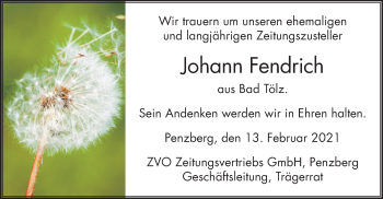 Todesanzeige von Johann Fendrich von merkurtz