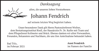 Todesanzeige von Johann Fendrich von merkurtz