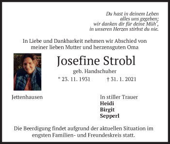 Todesanzeige von Josefine Strobl von merkurtz