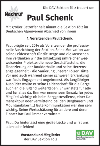 Todesanzeige von Paul Schenk von merkurtz