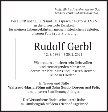 Todesanzeige von Rudolf Gerbl von merkurtz