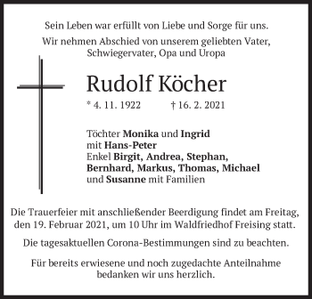 Todesanzeige von Rudolf Köcher von merkurtz