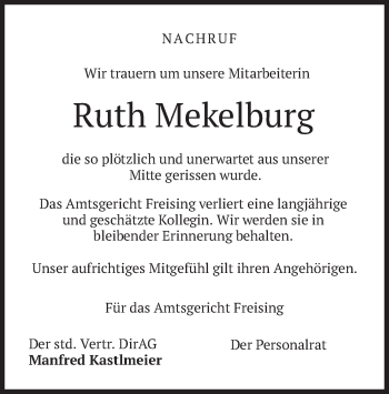 Todesanzeige von Ruth Mekelburg von merkurtz