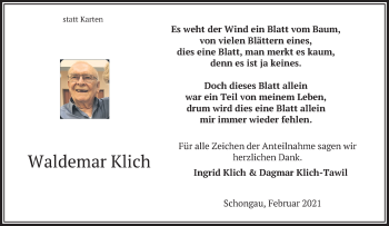 Todesanzeige von Waldemar Klich von merkurtz