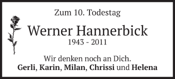 Todesanzeige von Werner Hannerbick von merkurtz