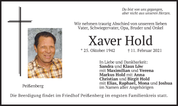 Todesanzeige von Xaver Hold von merkurtz
