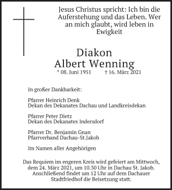 Todesanzeige von Albert Wenning von merkurtz