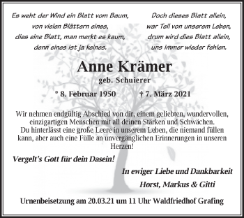 Todesanzeige von Anne Krämer von merkurtz