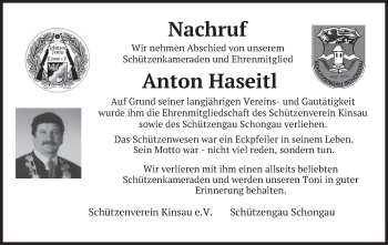 Todesanzeige von Anton Haseitl von merkurtz