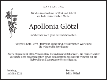 Todesanzeige von Apollonia Glötzl von merkurtz