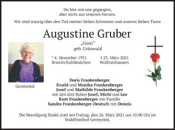 Todesanzeige von Augustine Gruber von merkurtz